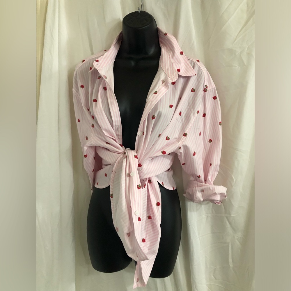 Nine West pink white striped strawberry button down menswear shirt size large - Picture 7 of 16